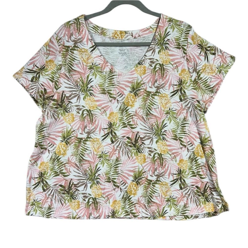 J. Jill Pima Slub Knit V Neck Tee Leaf Print Casual Coastal Sz XL Petite